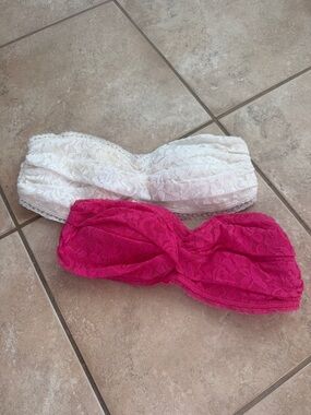 Abercrombie & Fitch Lace Strapless Bandeau Duo in White & Hot Pink